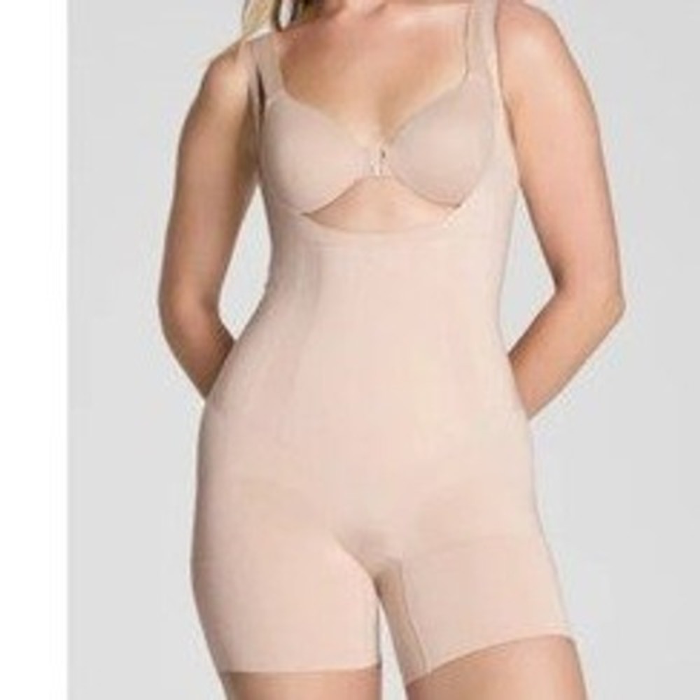 Spanx OnCore Open-Bust Mid-Thigh Bodysuit Soft Nude 10130R Womens L